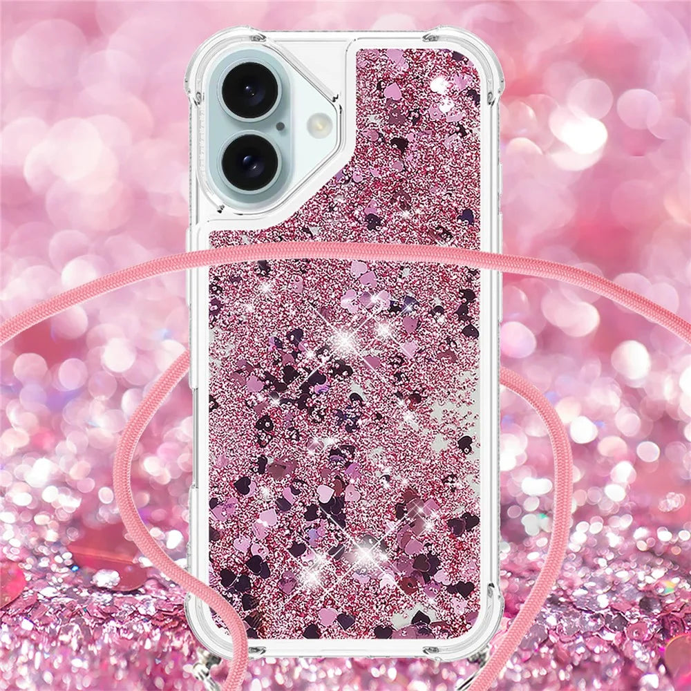 For iPhone 16 Plus TPU Case Quicksand Design Phone Cover with Lanyard - Rose Gold / Hearts - 4