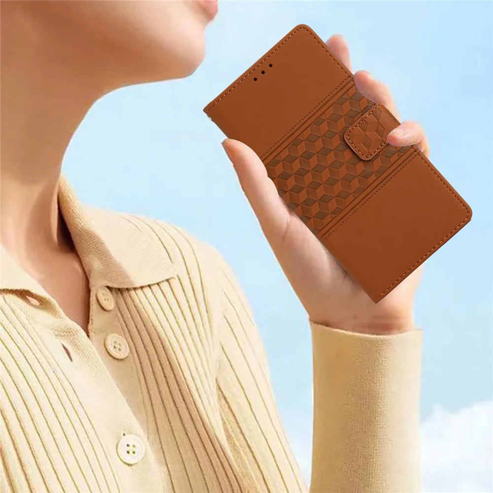 For Samsung Galaxy A06 4G Case Rhombus Leather Horizontal Flip Phone Cover - Brown - 5