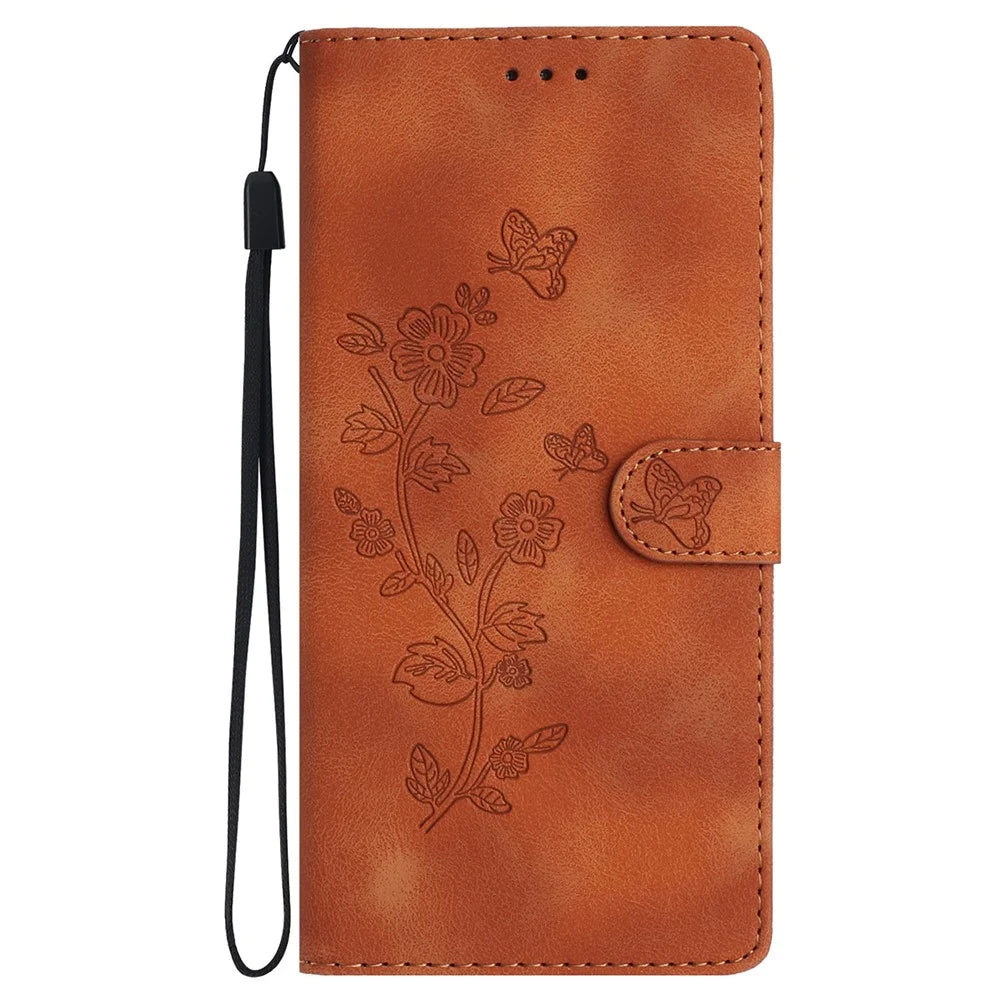 For Samsung Galaxy A06 4G Case Leather Imprinted Flower Phone Cover Wallet with Wrist Strap - Brown - 7