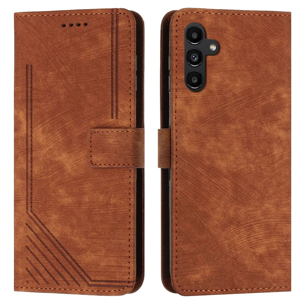 For Samsung Galaxy A16 5G / A16 4G Case Imprinted Lines Leather Phone Cover Bookstyle Folding Stand - Brown - 1
