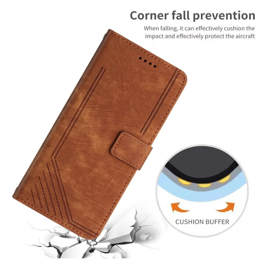 For Samsung Galaxy A16 5G / A16 4G Case Imprinted Lines Leather Phone Cover Bookstyle Folding Stand - Brown - 7