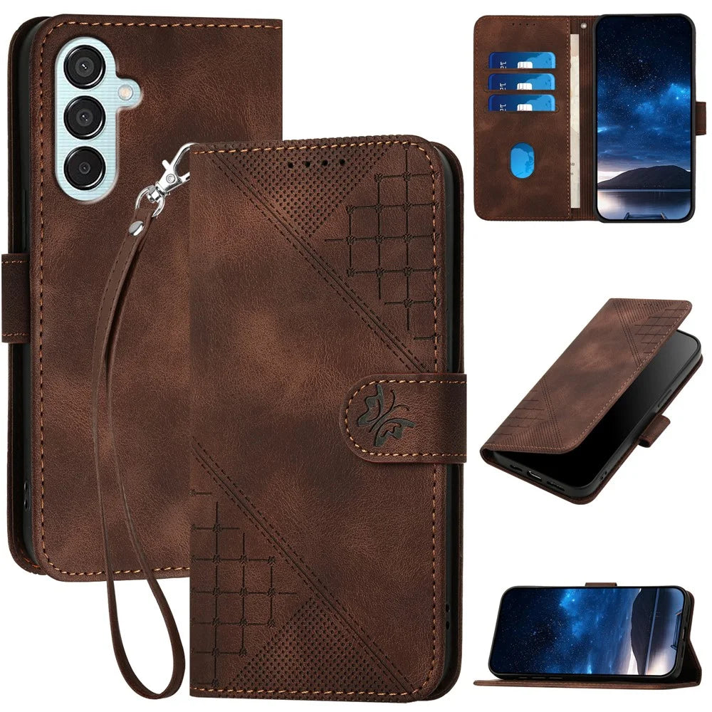 For Samsung Galaxy M15 5G / F15 5G Leather Wallet Case Butterfly Flower Imprinted Phone Cover with Strap - Brown - 1