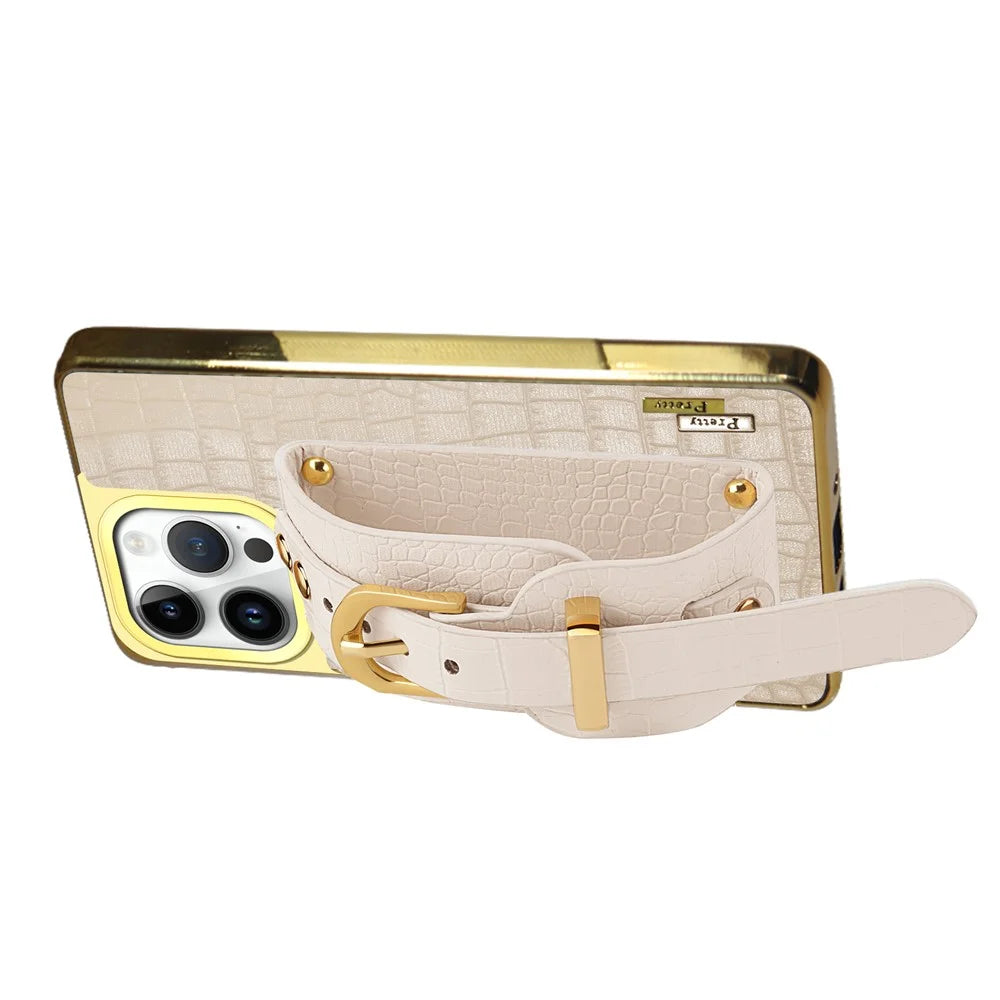 For iPhone 16 Pro Max Case Crocodile Texture PU Leather+TPU Electroplating Phone Cover Wristband Kickstand - White - 2