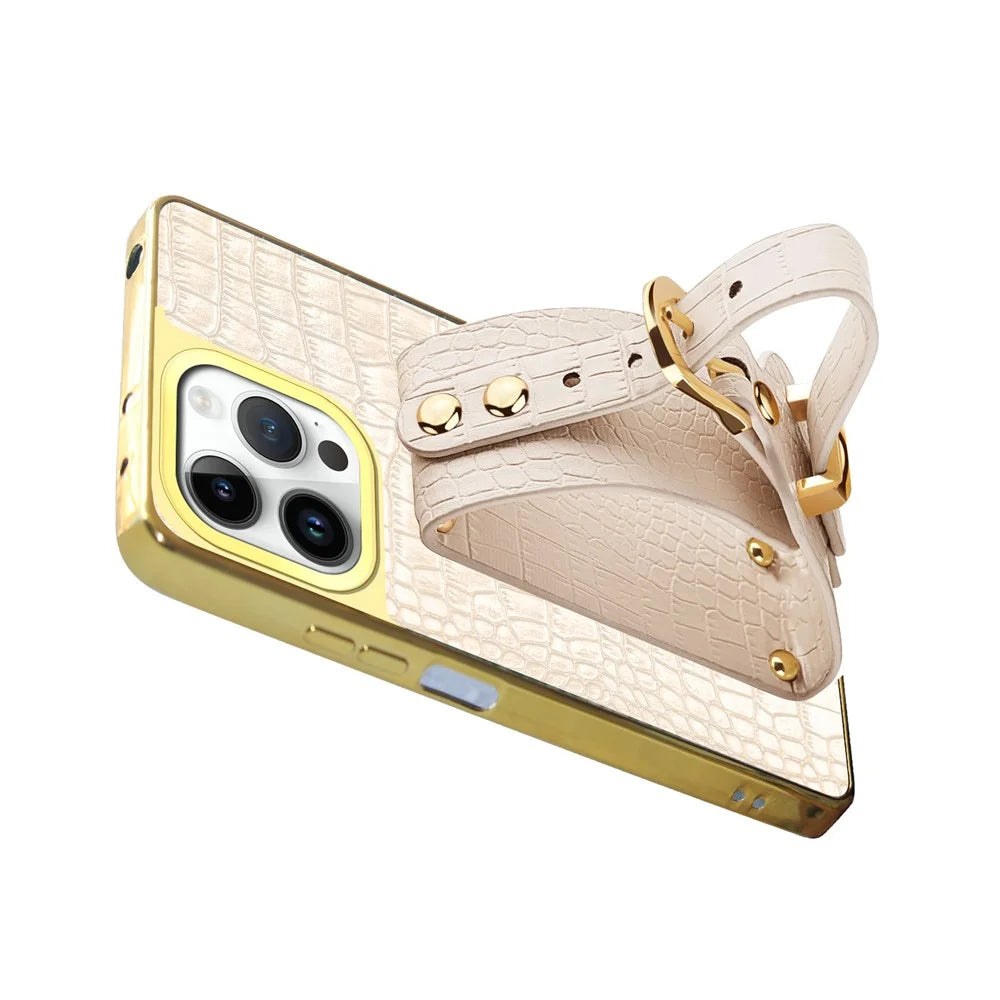 For iPhone 16 Pro Max Case Crocodile Texture PU Leather+TPU Electroplating Phone Cover Wristband Kickstand - White - 4