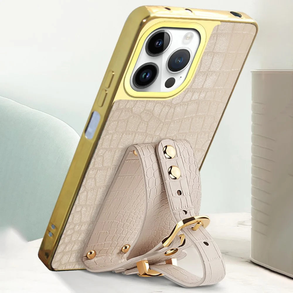 For iPhone 16 Pro Max Case Crocodile Texture PU Leather+TPU Electroplating Phone Cover Wristband Kickstand - White - 6