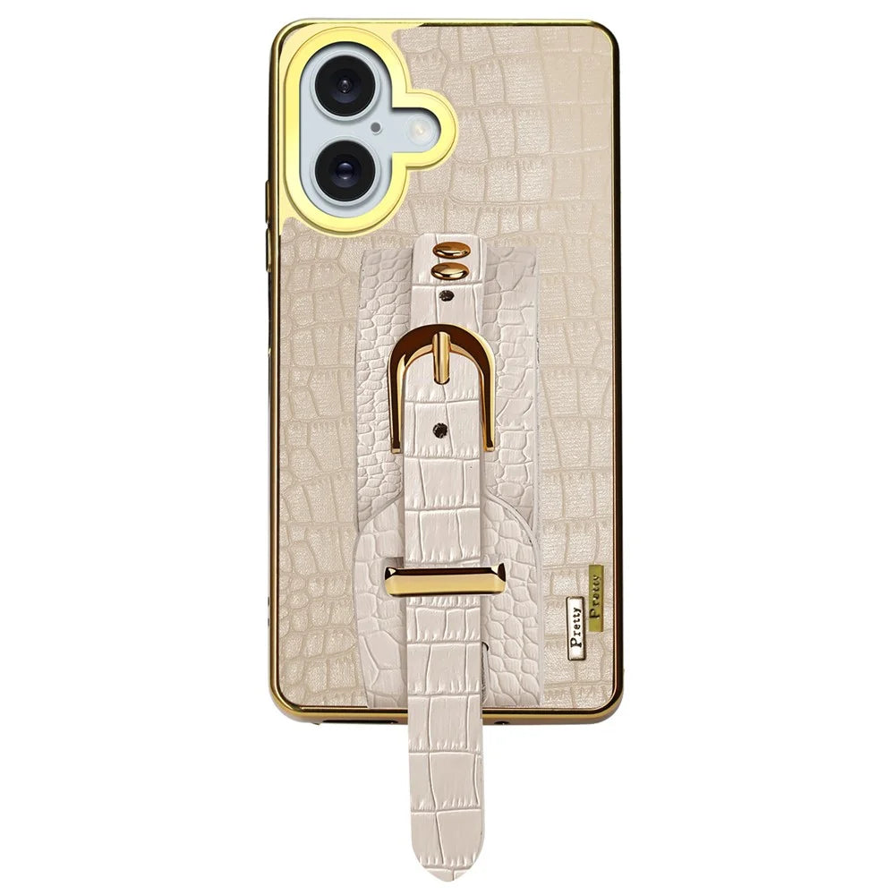 For iPhone 16 Plus Case Crocodile Texture PU Leather+TPU Electroplating Phone Cover Wristband Kickstand - White - 1