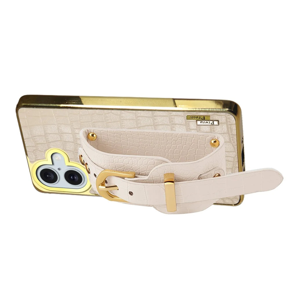 For iPhone 16 Plus Case Crocodile Texture PU Leather+TPU Electroplating Phone Cover Wristband Kickstand - White - 2