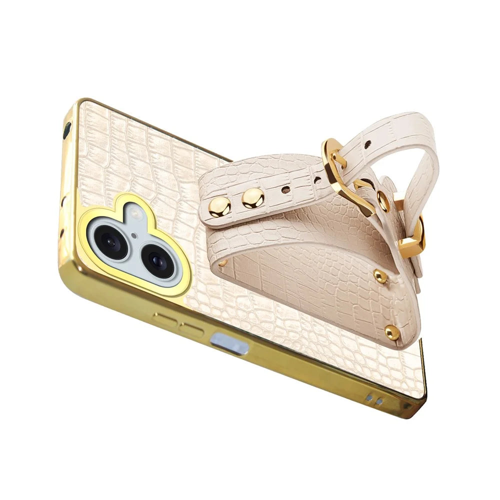 For iPhone 16 Plus Case Crocodile Texture PU Leather+TPU Electroplating Phone Cover Wristband Kickstand - White - 4