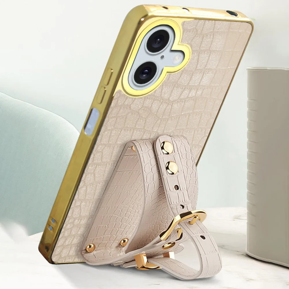 For iPhone 16 Plus Case Crocodile Texture PU Leather+TPU Electroplating Phone Cover Wristband Kickstand - White - 7