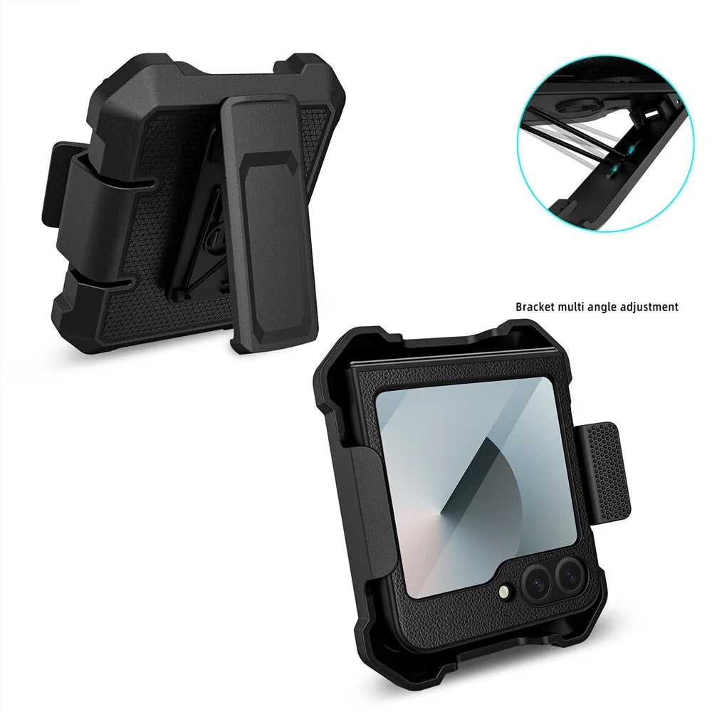 For Samsung Galaxy Z Flip5 5G Case Leather+PC Phone Cover with Kickstand Back Clip - Black - 4