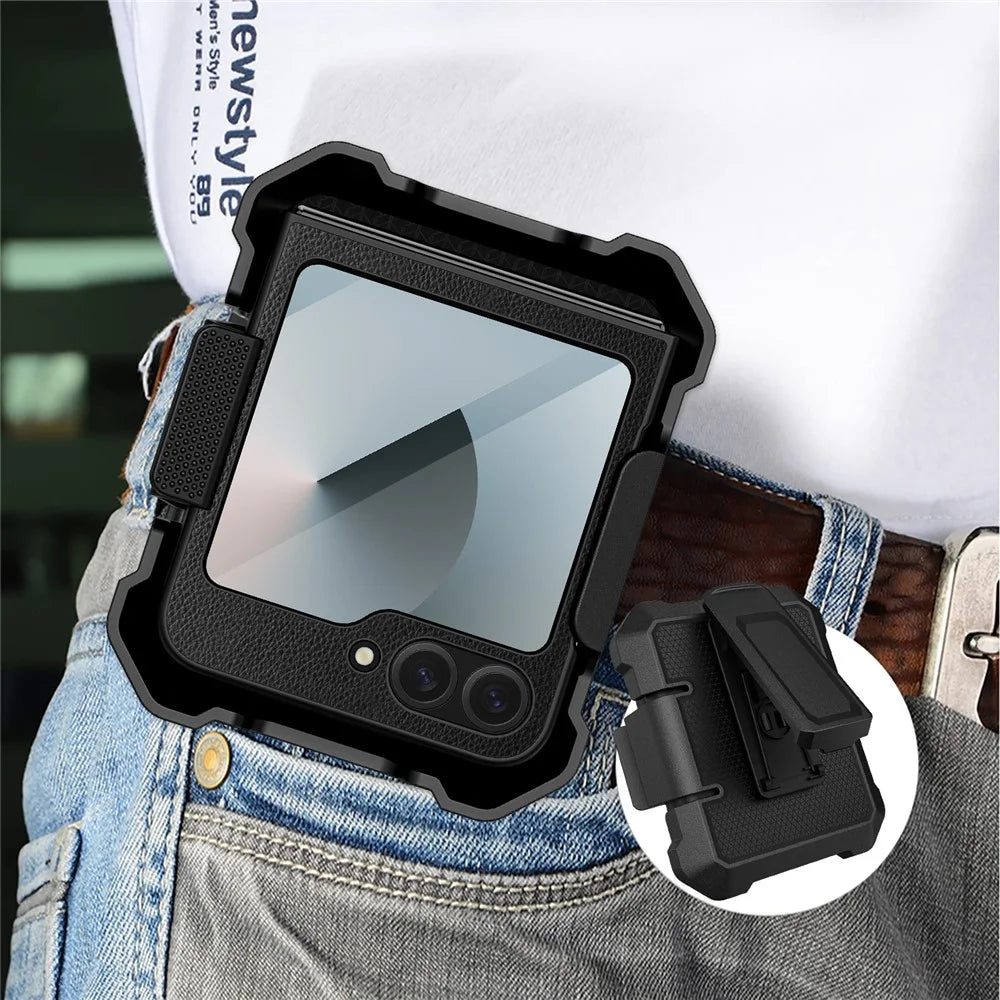 For Samsung Galaxy Z Flip5 5G Case Leather+PC Phone Cover with Kickstand Back Clip - Black - 5