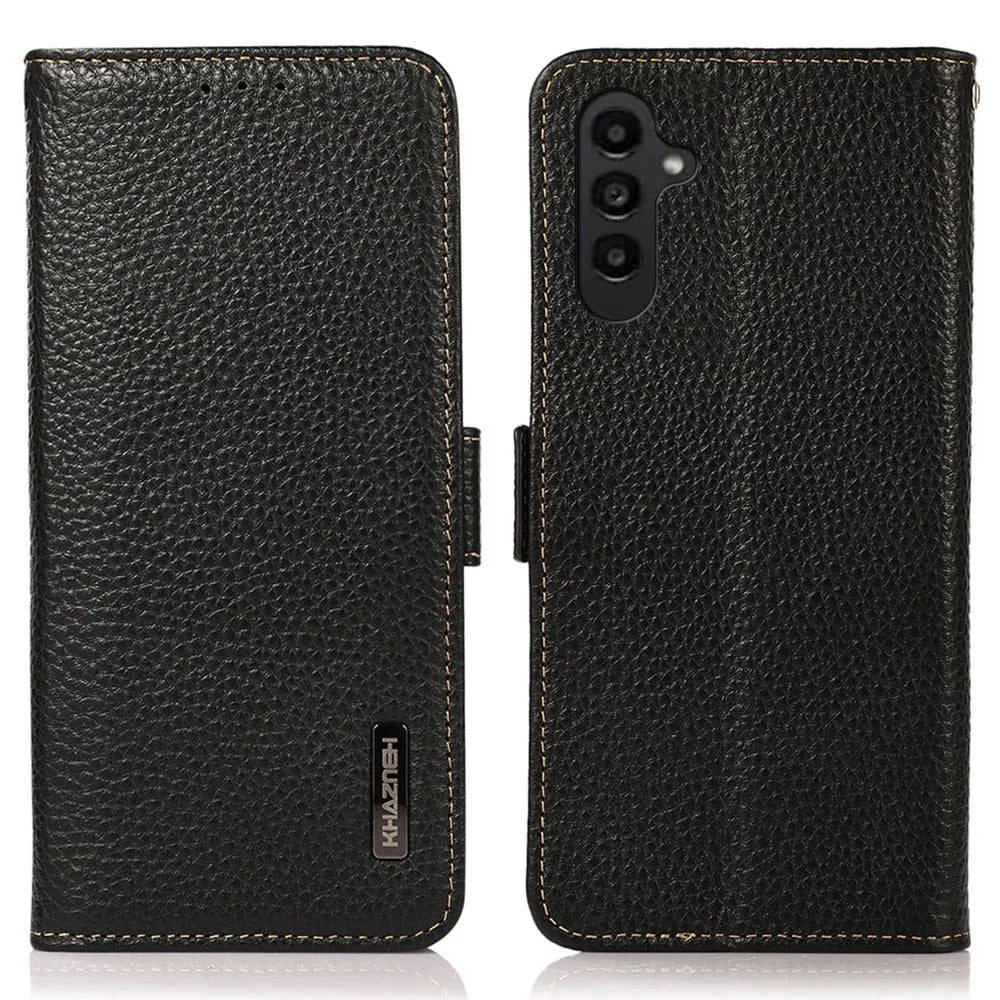 KHAZNEH For Samsung Galaxy M35 5G Phone Case Genuine Cow Leather Cover RFID Blocking - Black - 1