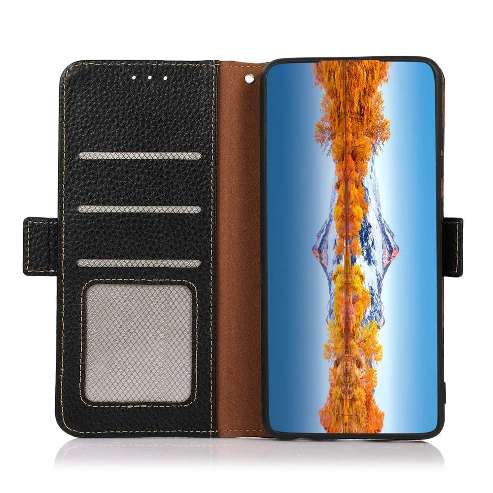 KHAZNEH For Samsung Galaxy M35 5G Phone Case Genuine Cow Leather Cover RFID Blocking - Black - 4