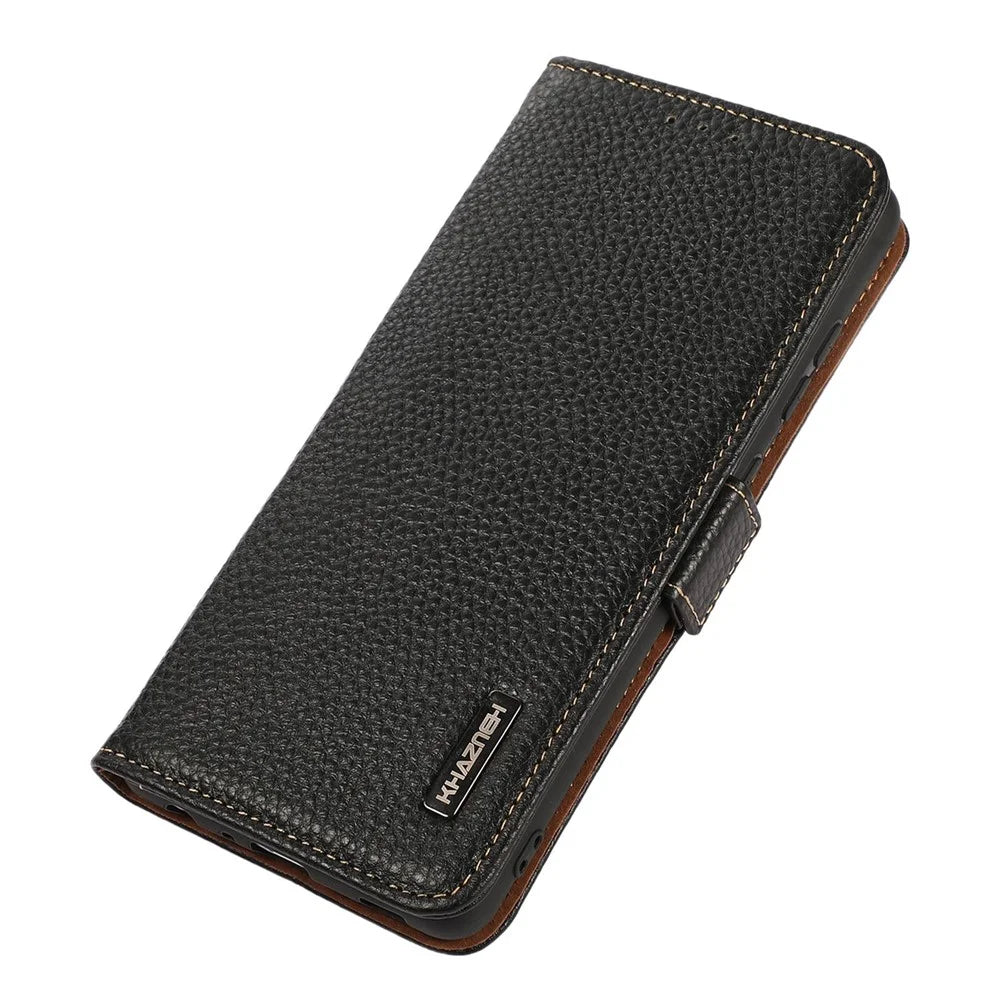 KHAZNEH For Samsung Galaxy M35 5G Phone Case Genuine Cow Leather Cover RFID Blocking - Black - 5