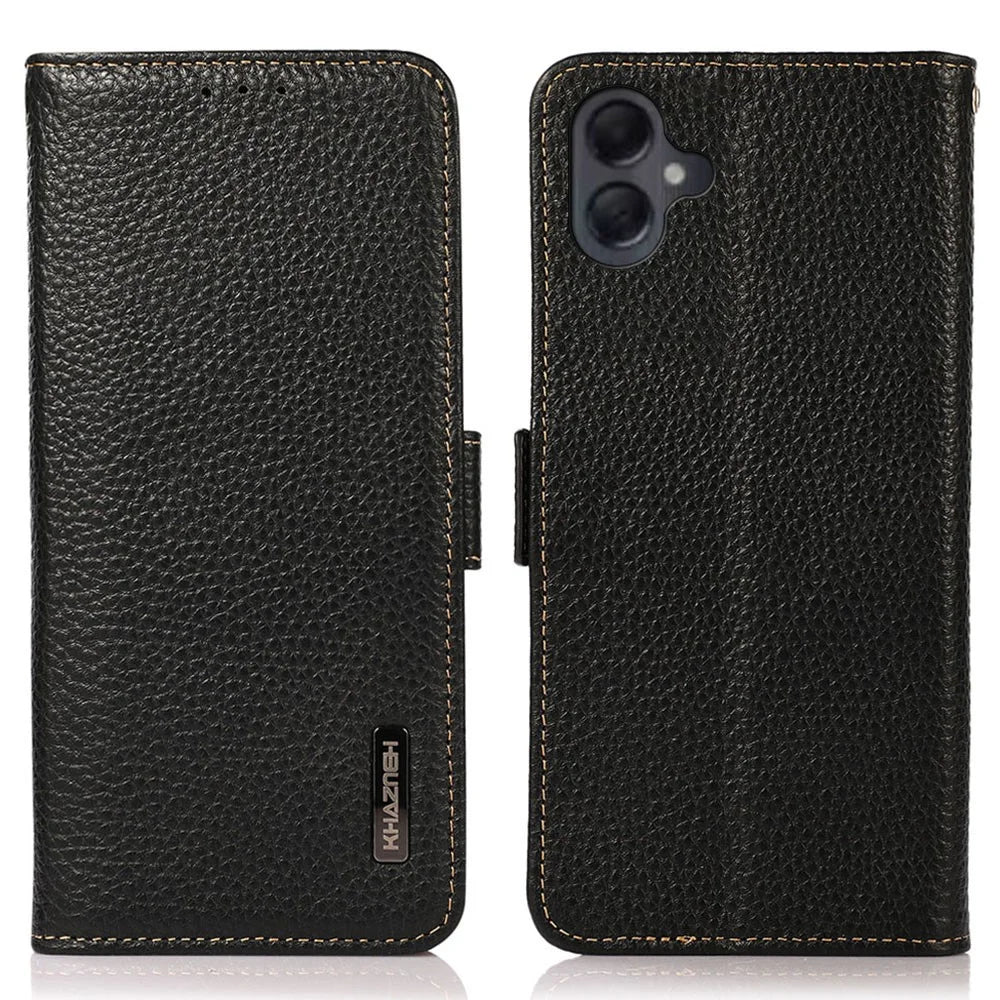 KHAZNEH For Samsung Galaxy A06 4G Phone Case Genuine Cow Leather Cover RFID Blocking - Black - 1