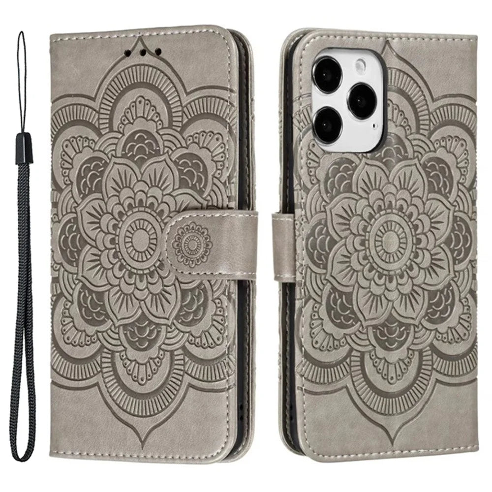 For iPhone 16 Pro Max Case PU Leather Mandala Imprinted Design Wallet Phone Cover - Grey - 1