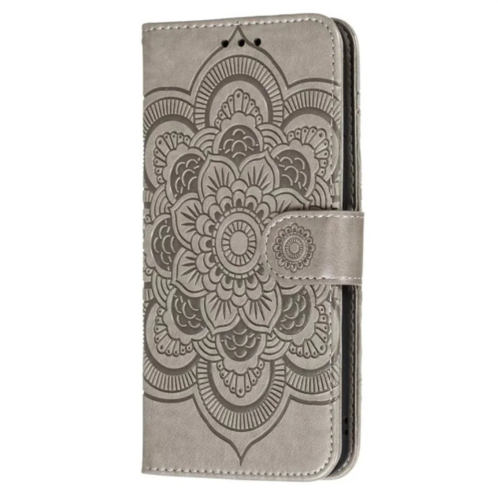 For iPhone 16 Pro Max Case PU Leather Mandala Imprinted Design Wallet Phone Cover - Grey - 6