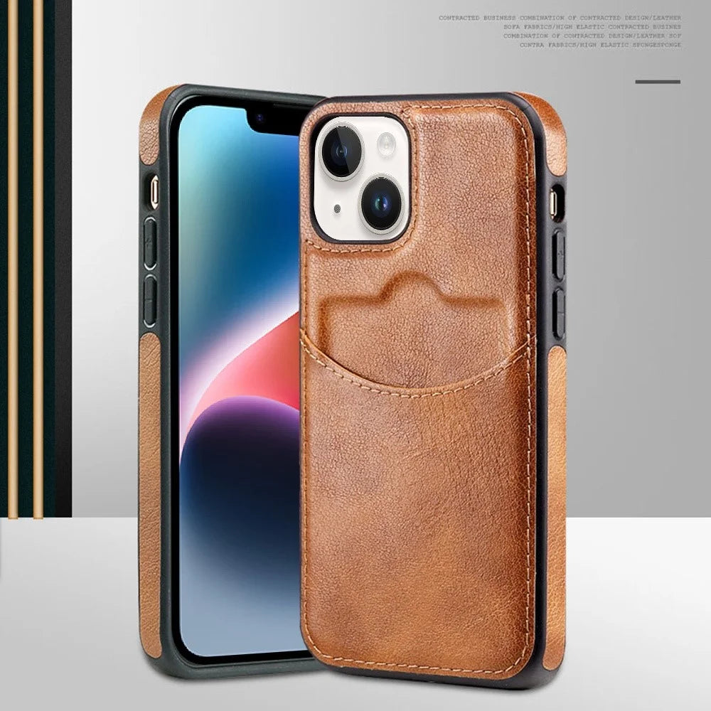 For iPhone 14 Cell Phone Cover Business Style Card Slot PU Leather+TPU Mobile Phone Case - Light Coffee - 4