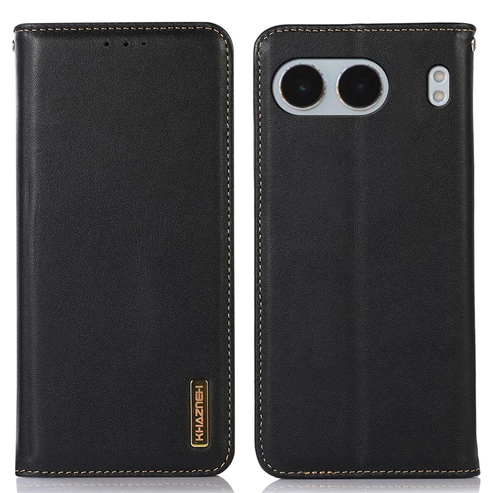 KHAZNEH For OnePlus Nord 4 Case Genuine Cow Leather Wallet Phone Cover Nappa Texture - Black - 1