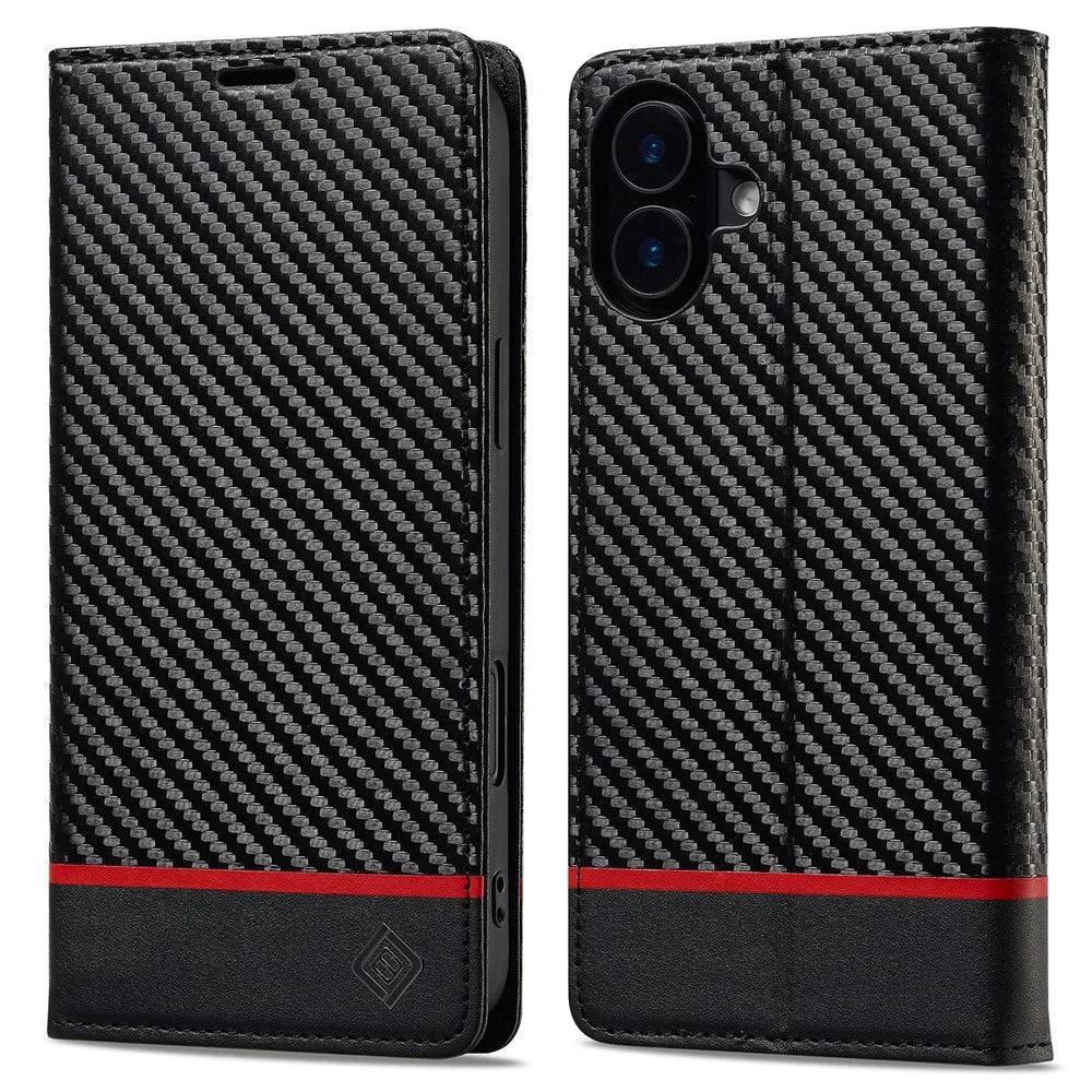 LC.IMEEKE For iPhone 16 Plus Case Carbon Fiber Texture Phone Cover Stand Card Holder - Horizontal Stripe - 1