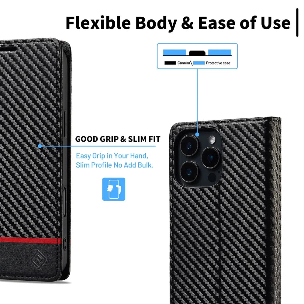 LC.IMEEKE For iPhone 16 Pro Case Carbon Fiber Texture Phone Cover Stand Card Holder - Horizontal Stripe - 6