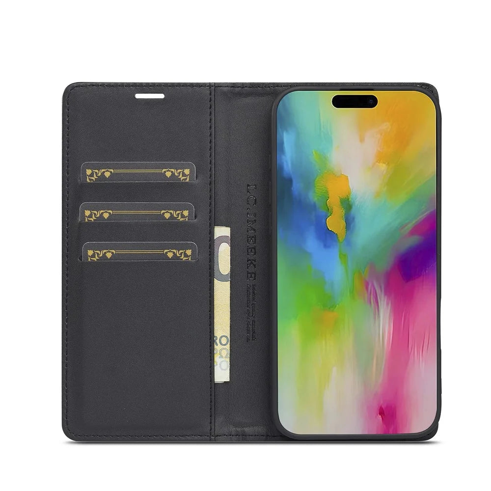 LC.IMEEKE For iPhone 16 Case Carbon Fiber Texture Phone Cover Stand Card Holder - Horizontal Stripe - 2