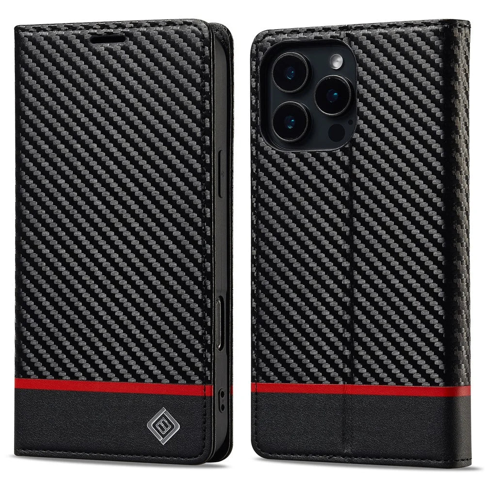 LC.IMEEKE For iPhone 16 Pro Max Case Carbon Fiber Texture Phone Cover Stand Card Holder - Horizontal Stripe - 1