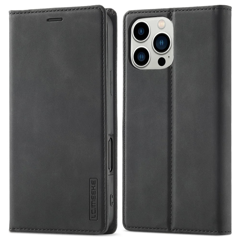 LC.IMEEKE For iPhone 16 Pro Case Wallet Microfiber Leather Phone Cover - Black - 1
