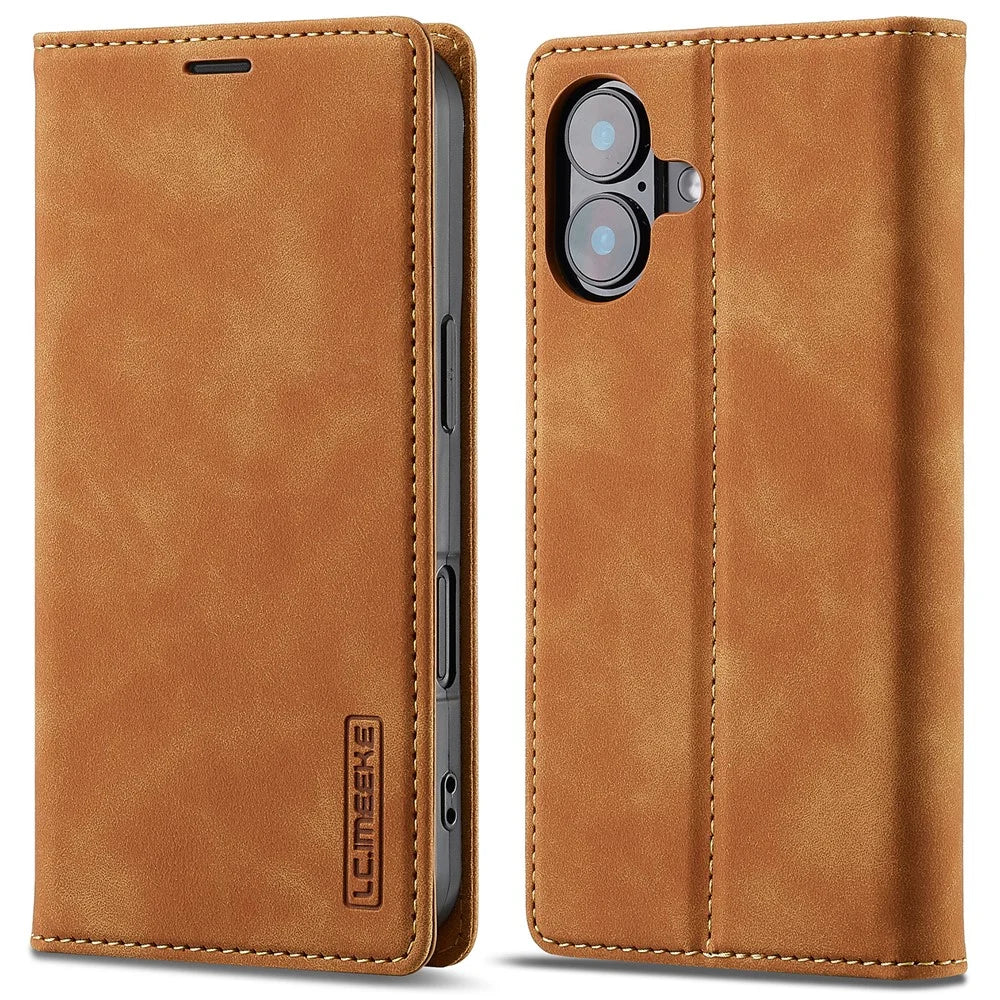 LC.IMEEKE For iPhone 16 Plus Case Wallet Microfiber Leather Phone Cover - Brown - 1