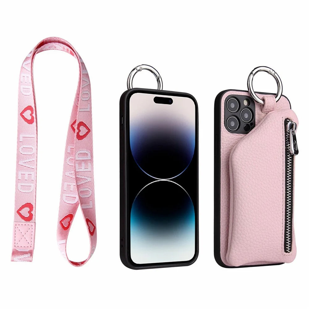 For iPhone 14 Pro Collision Resistant Detachable Wallet PU Leather Coated TPU Phone Case Zipper Pocket Protective Cover with Lanyard - Pink - 4