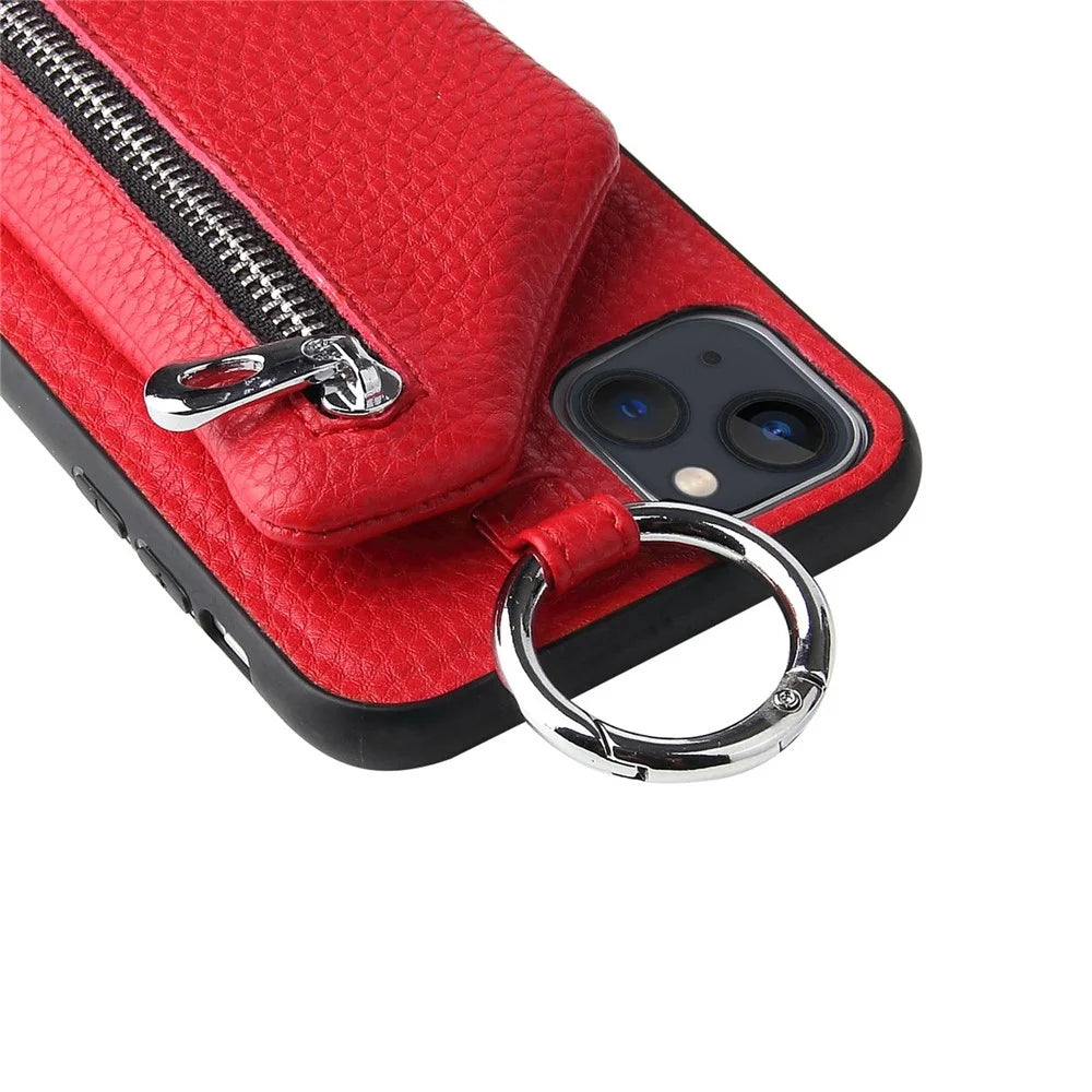 For iPhone 14 Plus Bump Proof Detachable Wallet PU Leather Coated TPU Phone Case Zipper Pocket Protective Cover with Lanyard - Red - 4
