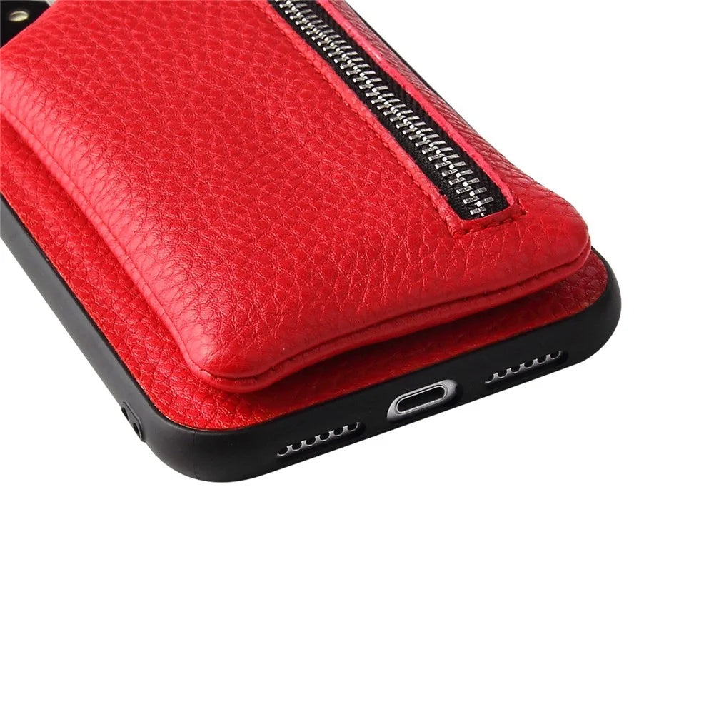For iPhone 14 Plus Bump Proof Detachable Wallet PU Leather Coated TPU Phone Case Zipper Pocket Protective Cover with Lanyard - Red - 5