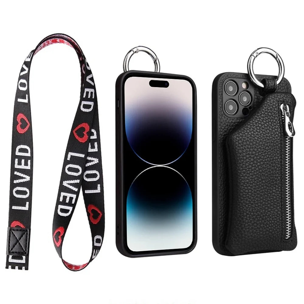 For iPhone 14 Pro Max Zipper Pocket Protective Cover with Lanyard Detachable Wallet PU Leather Coated TPU Phone Case - Black - 2