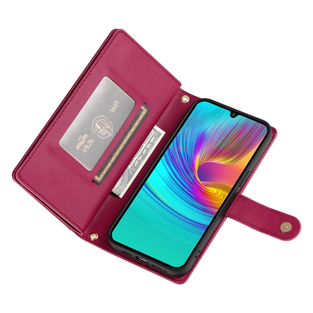 DF-011 For Samsung Galaxy A16 5G / A16 4G Case Zipper Pocket Wallet Leather Phone Cover with Straps - Red - 4