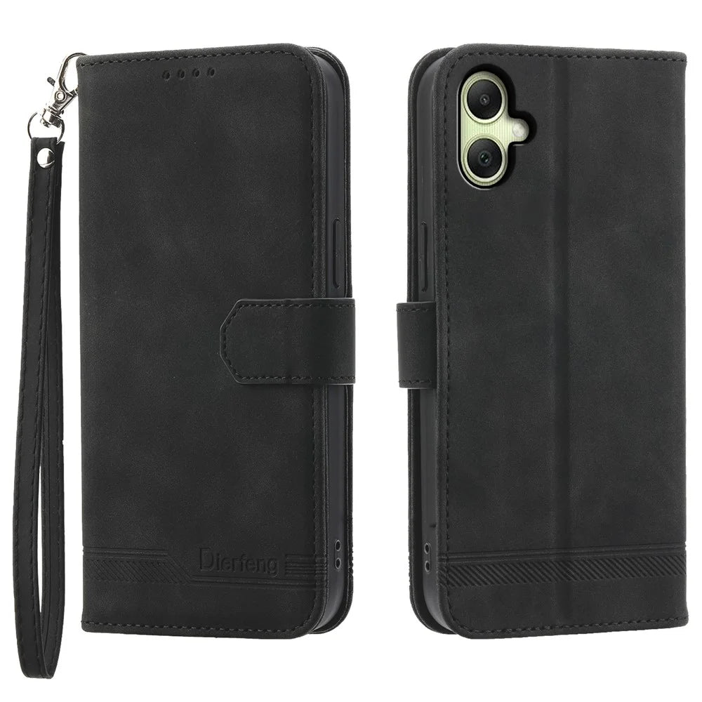 DIERFENG DF-03 For Samsung Galaxy A06 4G Leather Case Lines Imprint Wallet Phone Cover - Black - 1