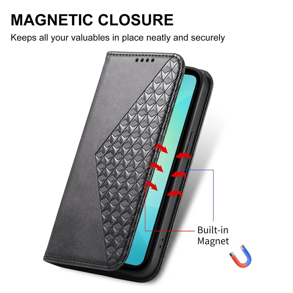 For Samsung Galaxy A06 4G Case Calf Texture PU Leather Phone Cover with Wallet - Black - 5
