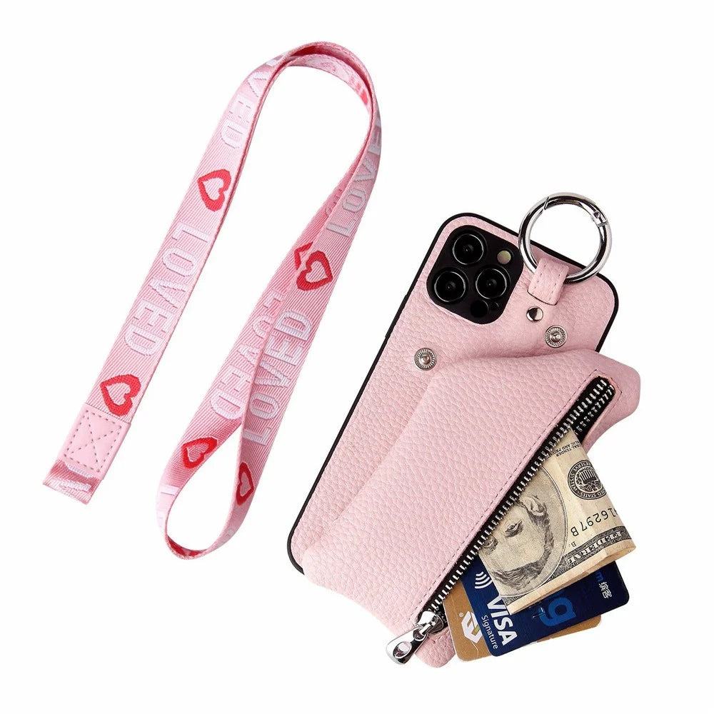 For iPhone 13 Pro 6.1 inch Detachable Wallet PU Leather Coated TPU Phone Case Zipper Pocket Shockproof Protective Cover with Lanyard - Pink - 4