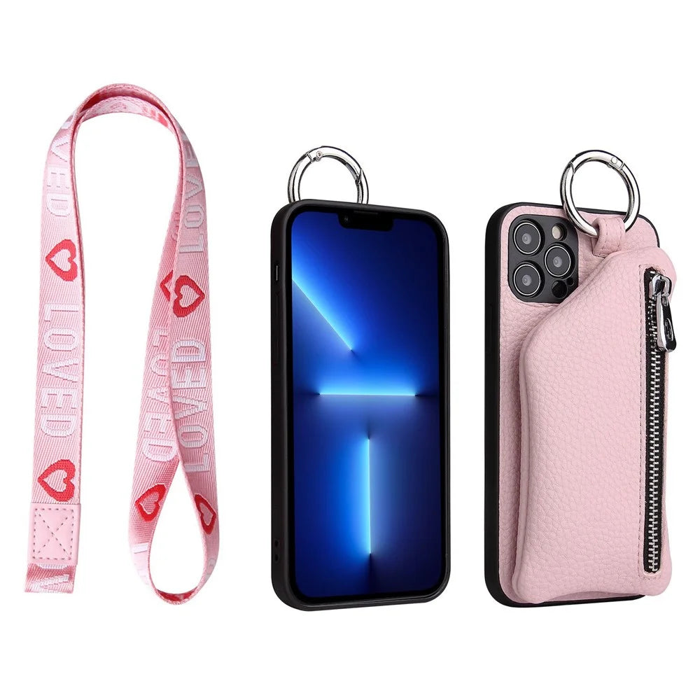 For iPhone 13 Pro Max 6.7 inch Detachable Wallet Drop Proof PU Leather Coated TPU Phone Case Zipper Pocket Protective Cover with Lanyard - Pink - 2