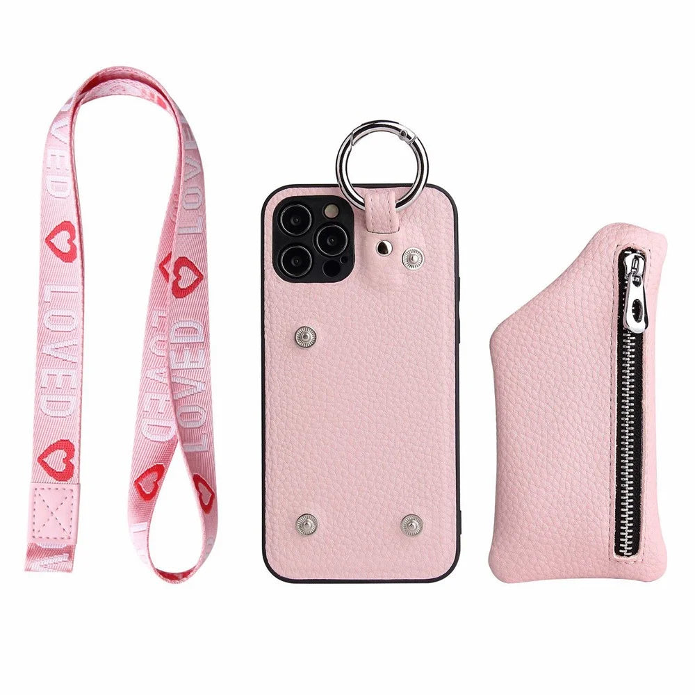 For iPhone 13 Pro Max 6.7 inch Detachable Wallet Drop Proof PU Leather Coated TPU Phone Case Zipper Pocket Protective Cover with Lanyard - Pink - 3