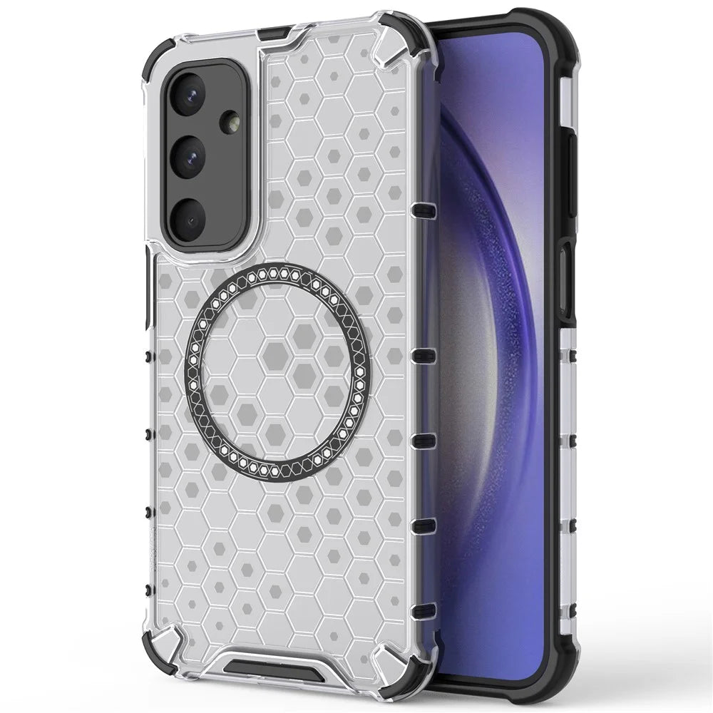 For Samsung Galaxy M35 5G Magnetic Case Honeycomb Design TPU+PC Phone Cover - Transparent - 1