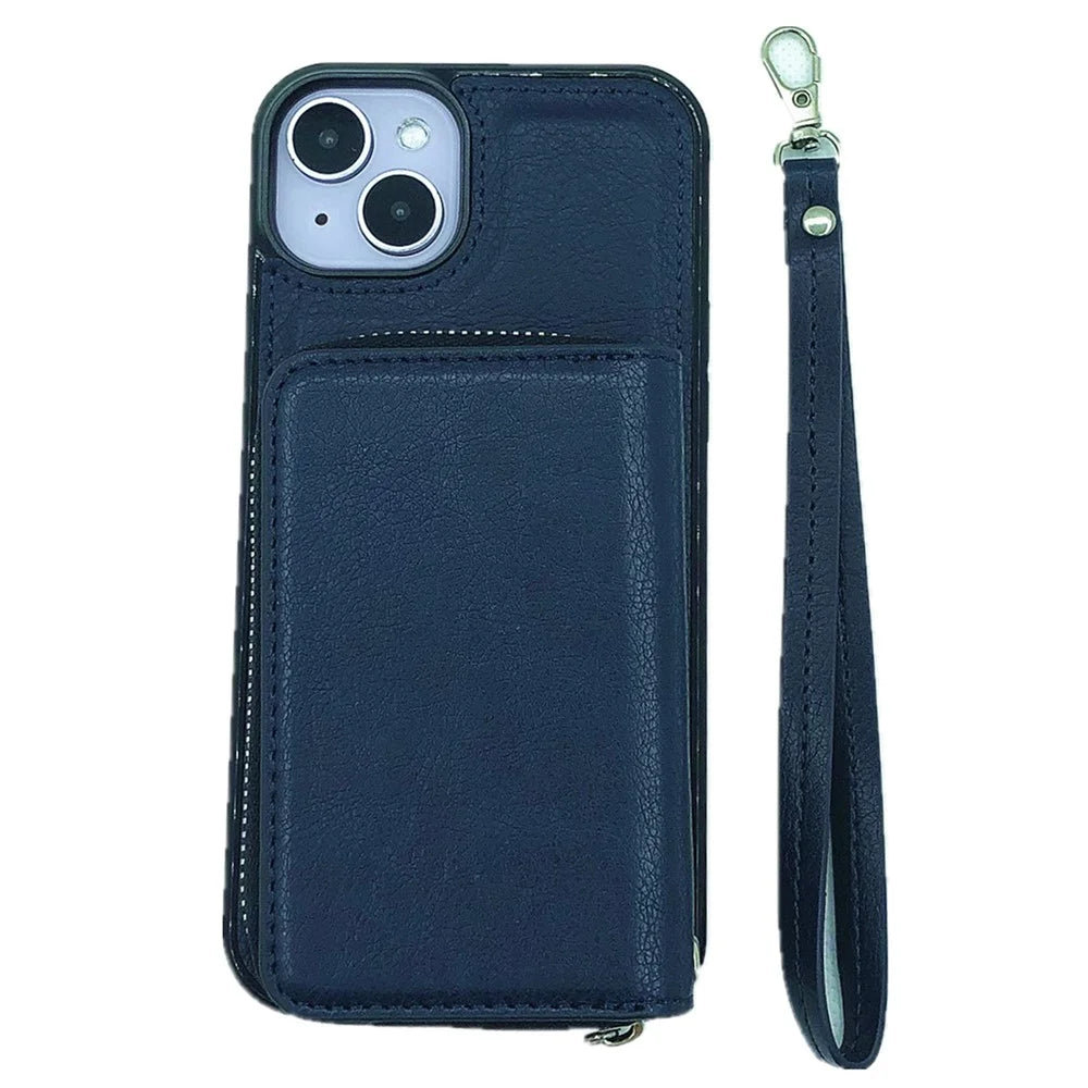 For iPhone 15 Plus Case Detachable Zipper Card Bag PU+TPU Kickstand Phone Case with Strap - Sapphire - 1