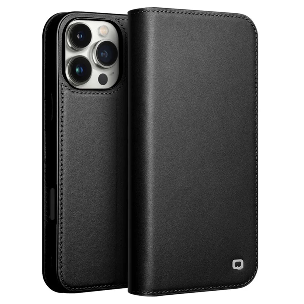 QIALINO For iPhone 16 Pro Wallet Case Stand Genuine Cow Leather Flip Phone Cover - Black - 1