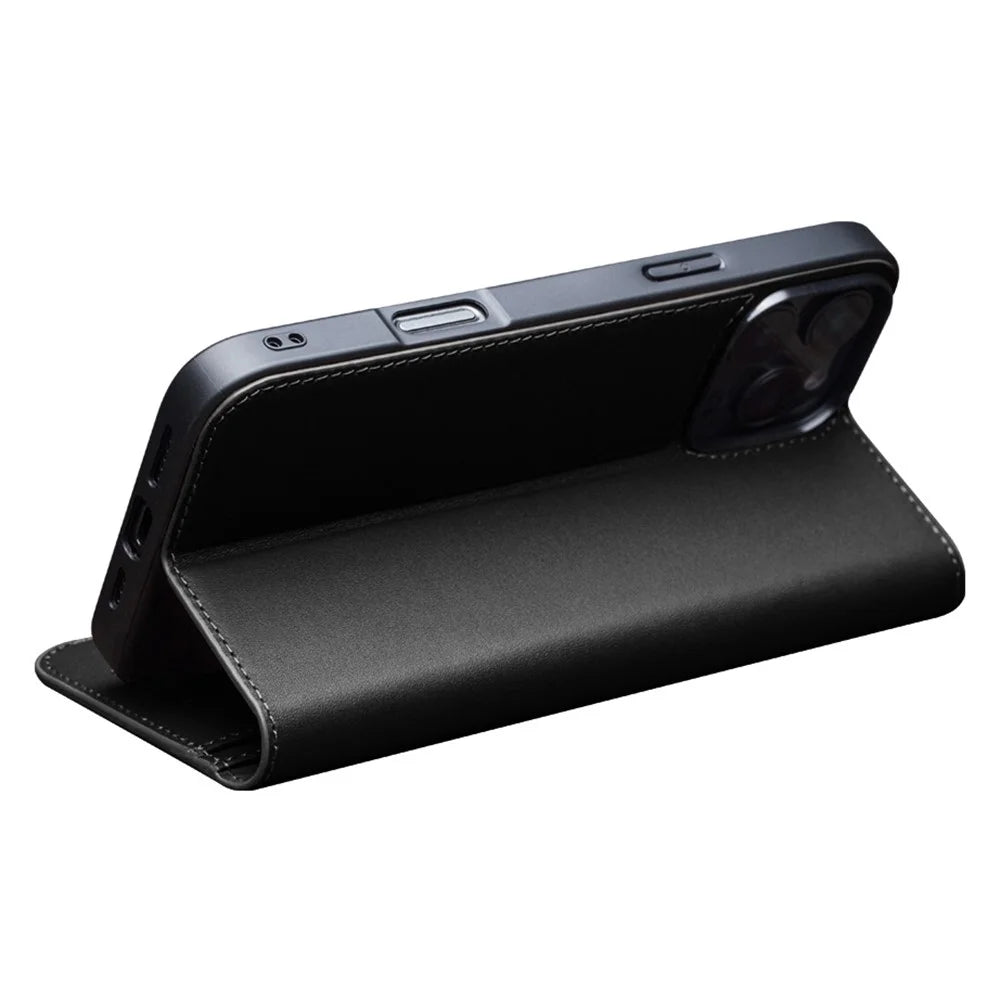 QIALINO For iPhone 16 Pro Wallet Case Stand Genuine Cow Leather Flip Phone Cover - Black - 2