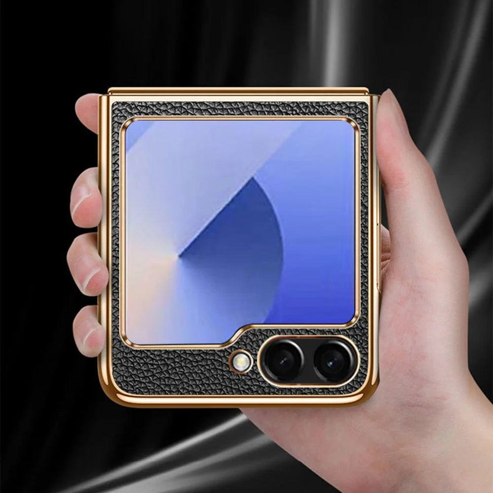 For Samsung Galaxy Z Flip7 FE 5G / Z Flip6 5G Case Litchi Texture Genuine Cow Leather+PC Phone Cover - Black - 6