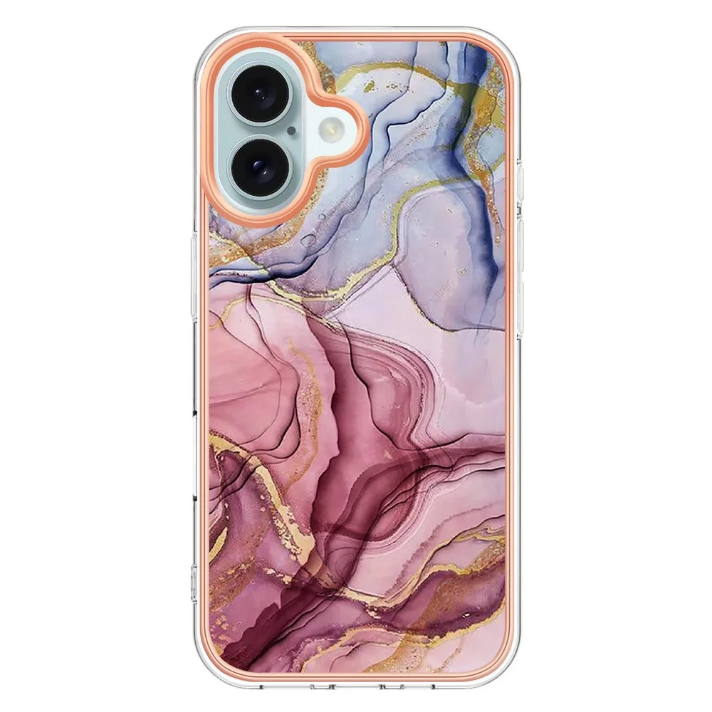 YB IMD Series-16 Style-E For iPhone 16 TPU Case Marble Pattern Electroplating Phone Cover - Rose Gold - 3