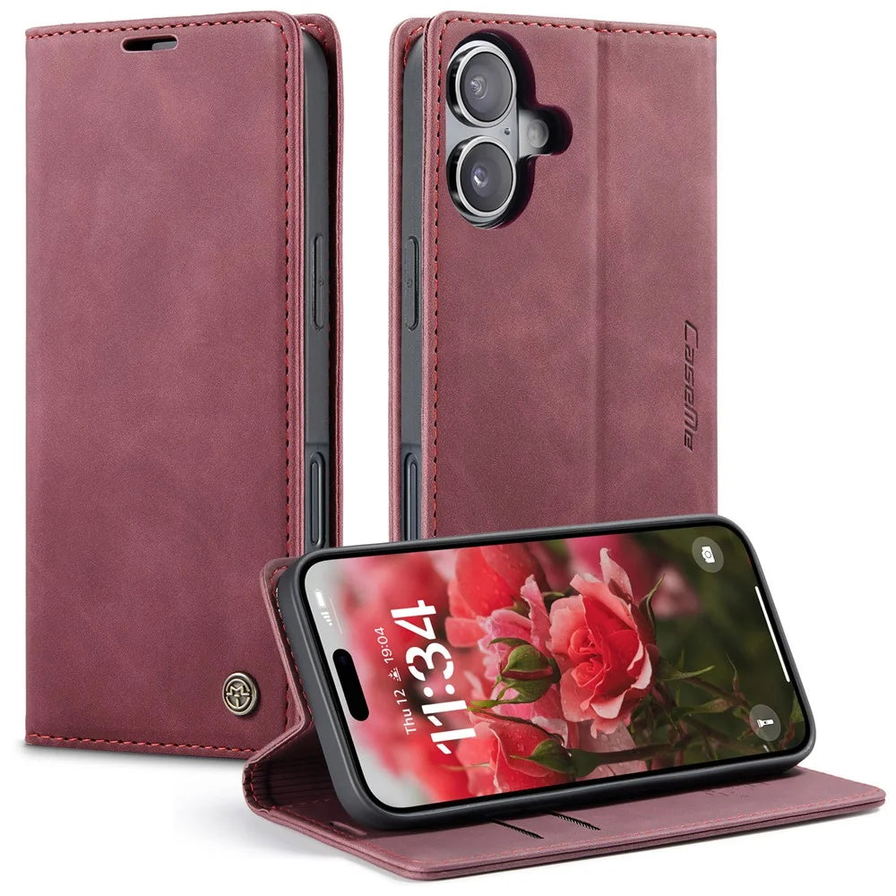 CASEME 013 Series For iPhone 16 Plus Case Card Holder Stand Leather Phone Cover - Red - 1