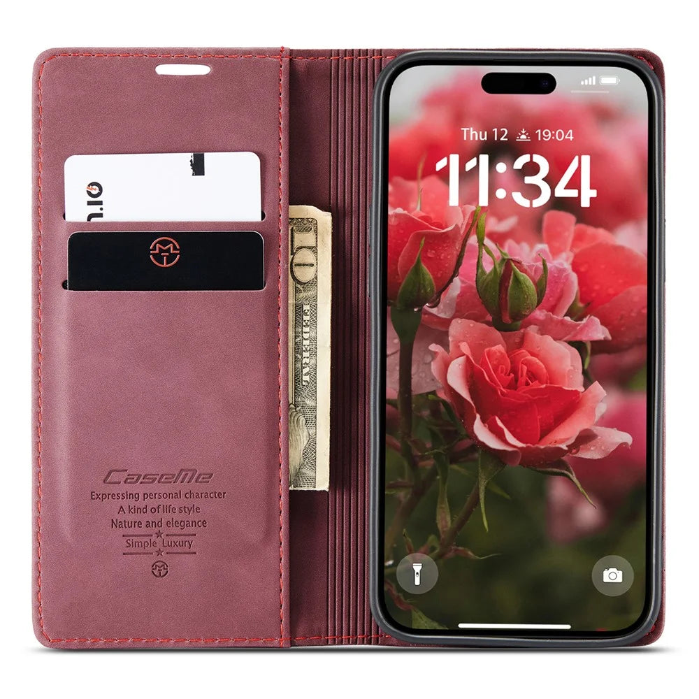 CASEME 013 Series For iPhone 16 Case Card Holder Stand Leather Phone Cover - Red - 2