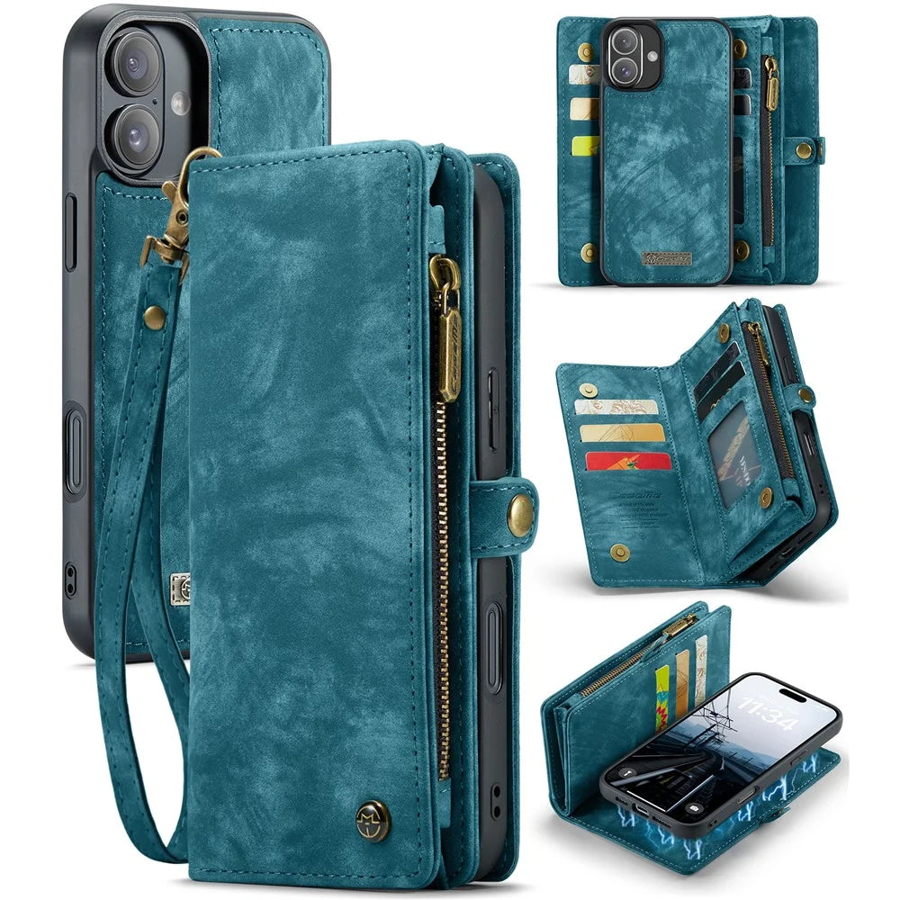 For iPhone 16 Plus Phone Cases CASEME 008 Leather Cover with Detachable Wallet and Strap - Blue - 1