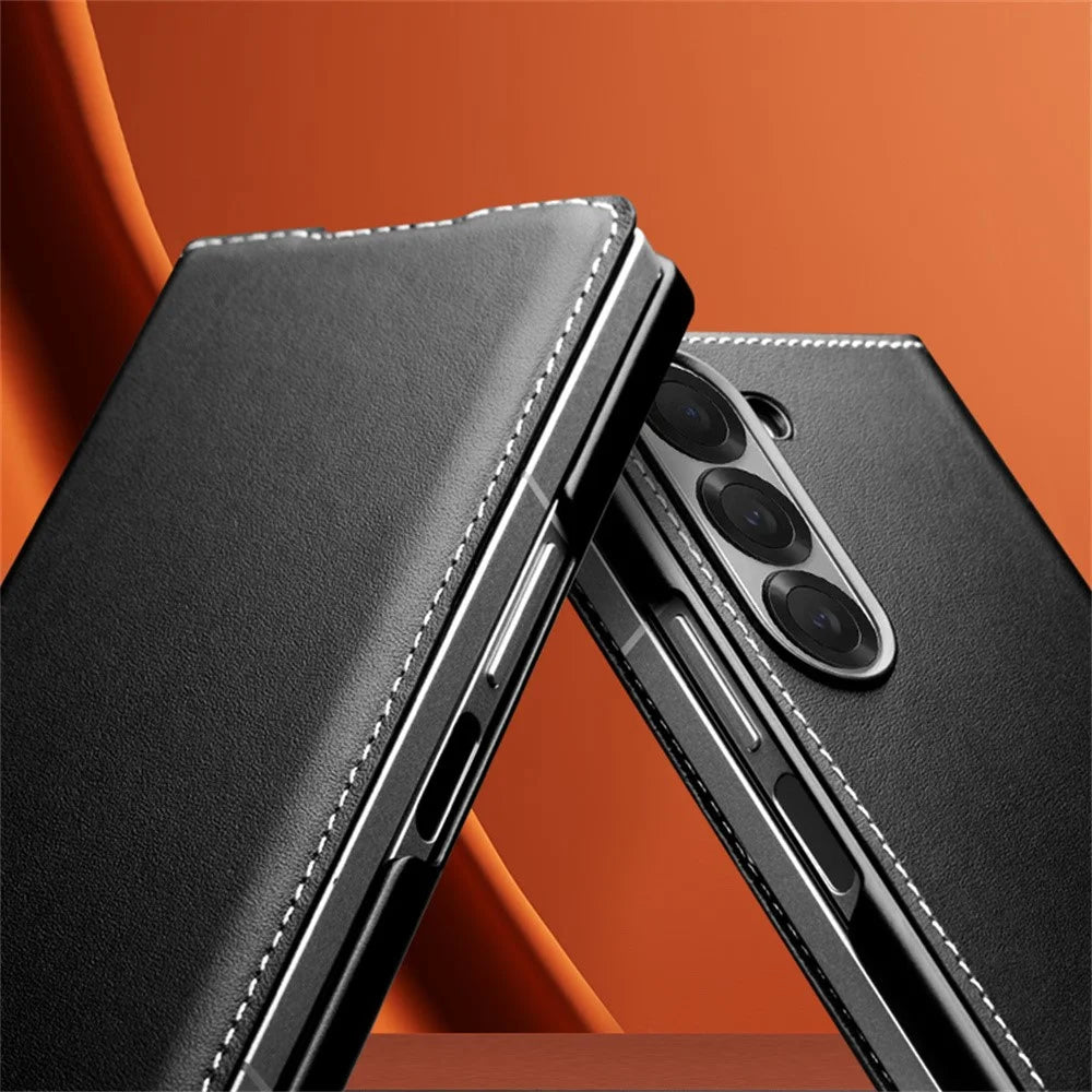 QIALINO For Samsung Galaxy Z Fold6 5G Case Genuine Cow Leather Flip Phone Cover, Black - 6