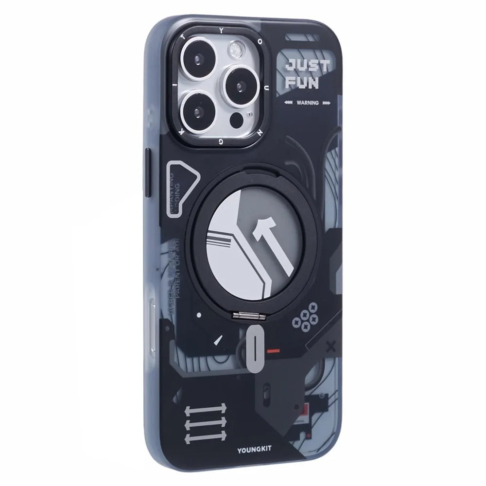 YOUNGKIT for iPhone 16 Pro Magnetic Case Rotating Kickstand IMD TPU Phone Cover - Black - 1
